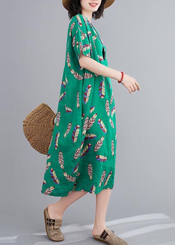 Green Feather Print Clothes O Neck Cotton Robes Dresses