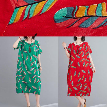 Green Feather Print Clothes O Neck Cotton Robes Dresses