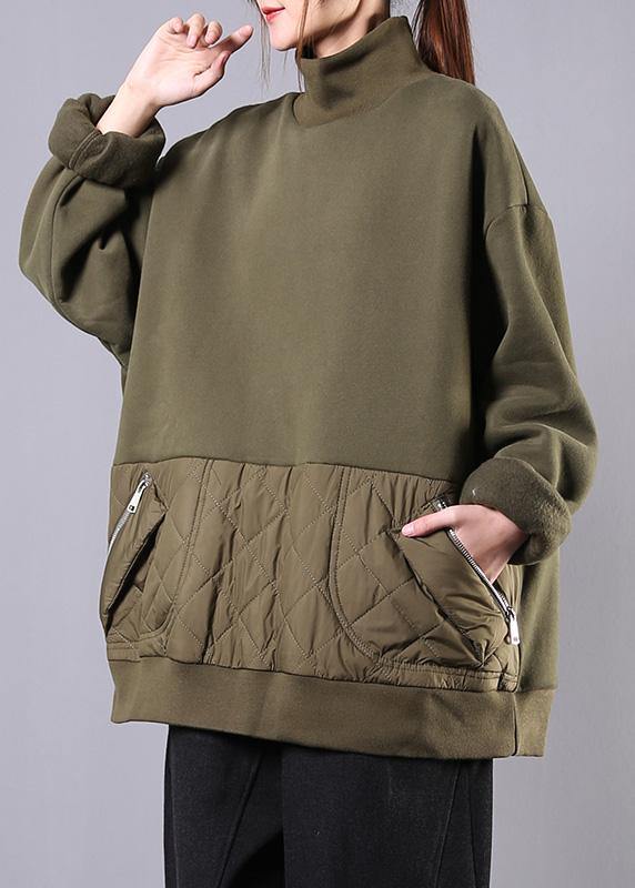 Green Cotton Clothes for High Neck Patchwork Fall Blouses