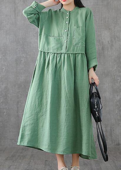 Green Linen Clothes for O Neck Patchwork Maxi Spring Dresses