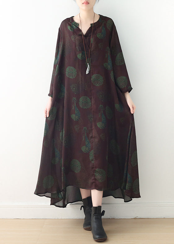 Green Purple Prints Silk Dress Boutique Fabrics V Neck Long Summer Dresses