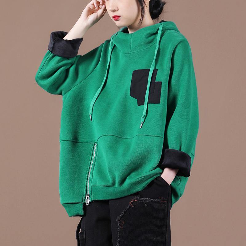 Green Thick Tops Blouses Hooded Patchwork Oversized Shirts