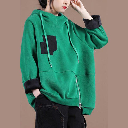 Beautiful green thick tops women blouses hooded patchwork oversized  shirts