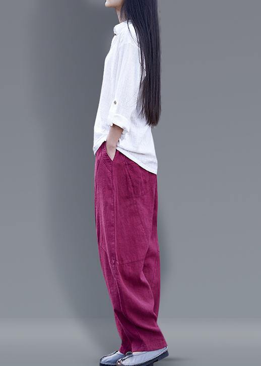Harem Pants Cotton Work Outfits Burgundy Long Pants