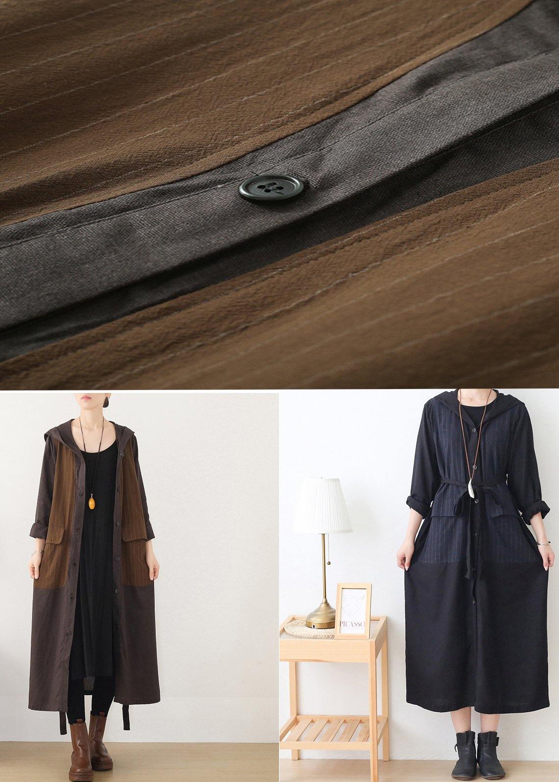 Hooded Striped Trench Coat Chocolate Cotton Coats