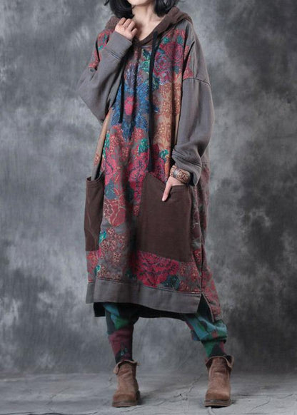 Hooded Drawstring Cotton Wardrobes Design Gray Print Maxi Dresses Fall