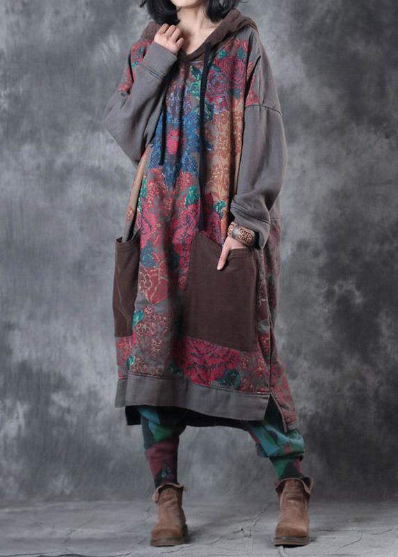Hooded Drawstring Cotton Wardrobes Design Gray Print Maxi Dresses Fall