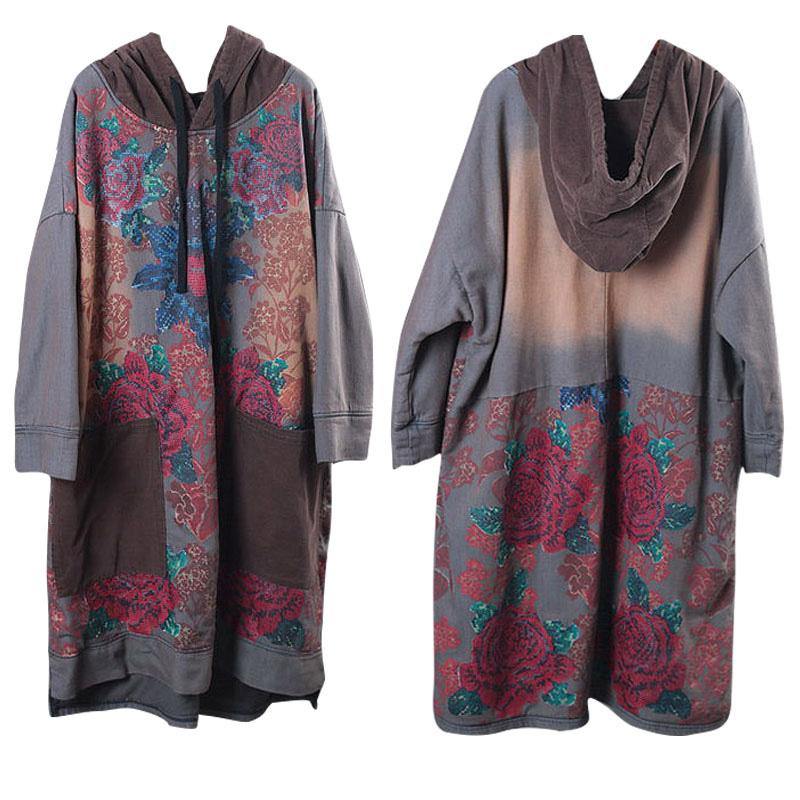 Hooded Drawstring Cotton Wardrobes Design Gray Print Maxi Dresses Fall