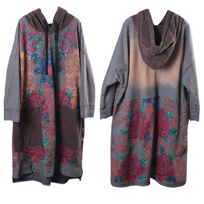 Hooded Drawstring Cotton Wardrobes Design Gray Print Maxi Dresses Fall