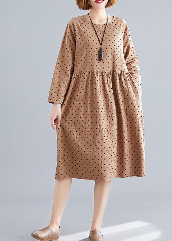 Khaki Dotted Cotton Quilting Dresses O Neck Cinched Oversized Spring Dress