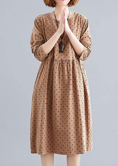 Khaki Dotted Cotton Quilting Dresses O Neck Cinched Oversized Spring Dress