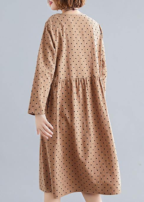 Khaki Dotted Cotton Quilting Dresses O Neck Cinched Oversized Spring Dress
