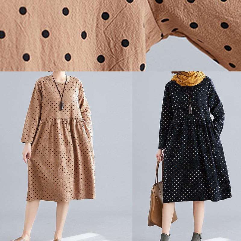 Khaki Dotted Cotton Quilting Dresses O Neck Cinched Oversized Spring Dress