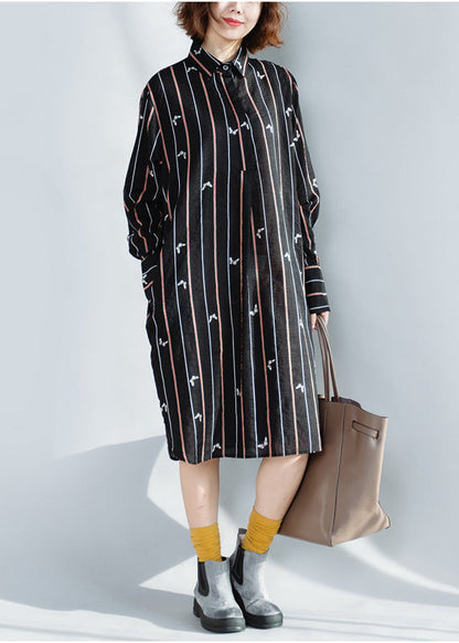 Lapel Button Down Cotton Tunics Black Striped Loose Dresses Spring