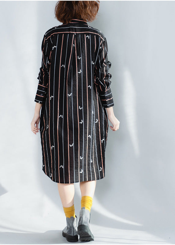 Lapel Button Down Cotton Tunics Black Striped Loose Dresses Spring