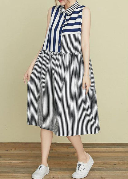 Lapel Atchwork Cotton Dresses Outfits Striped Robe Dress