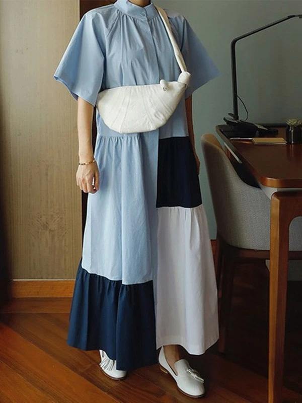 Lapel Patchwork Cotton Clothes Runway Blue Dresses