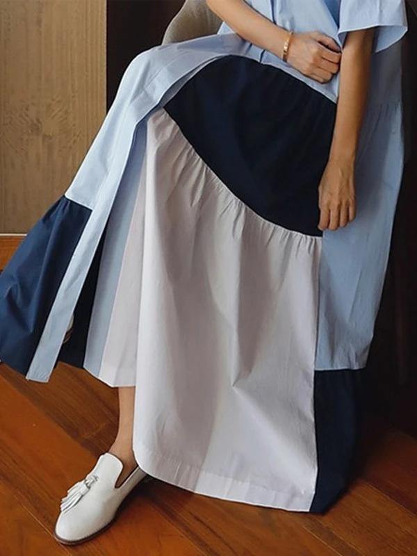 Lapel Patchwork Cotton Clothes Runway Blue Dresses