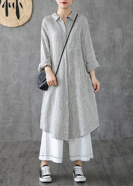 Lapel Pockets Linen Clothes Photography Gray Striped Dress