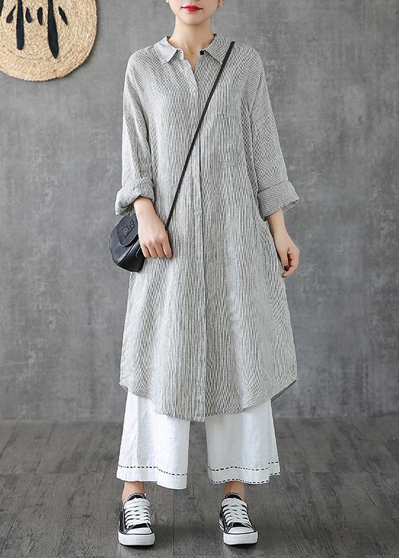 Lapel Pockets Linen Clothes Photography Gray Striped Dress