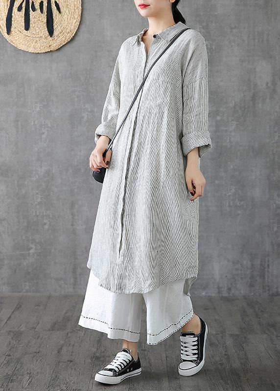 Lapel Pockets Linen Clothes Photography Gray Striped Dress