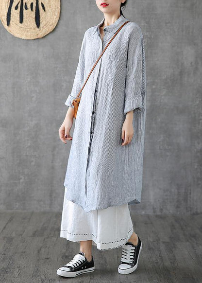 Lapel Pockets Linen Clothes Photography Gray Striped Dress