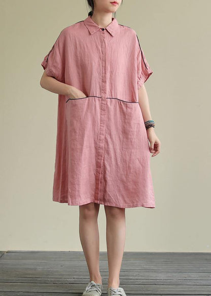 Lapel Pockets Linen Summer Dresses Runway Pink Dress
