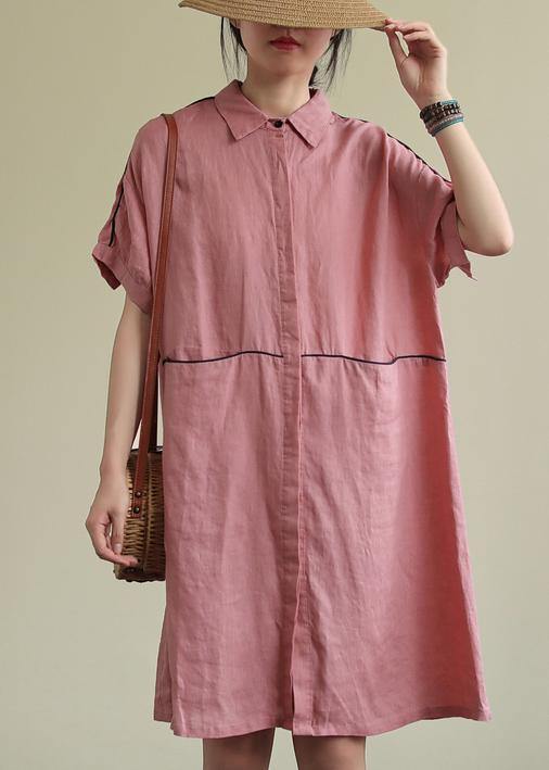 Lapel Pockets Linen Summer Dresses Runway Pink Dress
