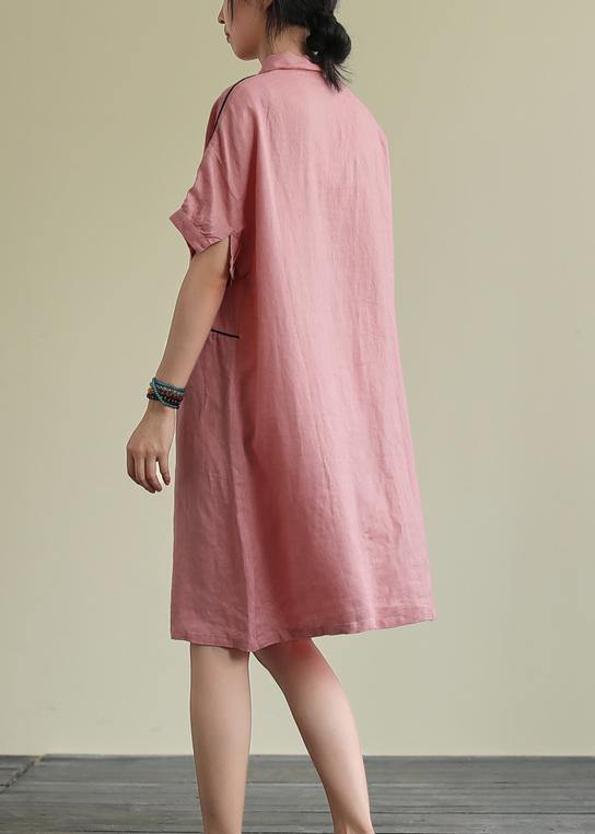 Lapel Pockets Linen Summer Dresses Runway Pink Dress