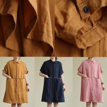 Lapel Pockets Linen Summer Dresses Runway Pink Dress