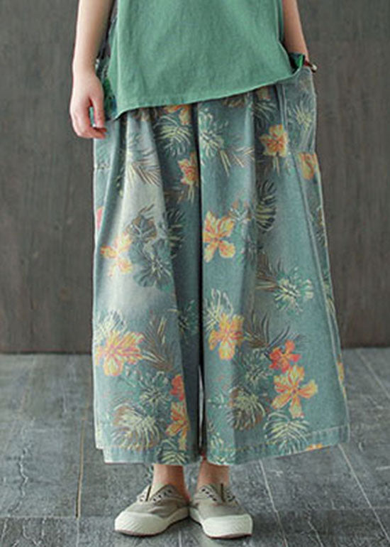 Light Blue Elastic Waist Pockets Print Cotton Wide Leg Pants Spring