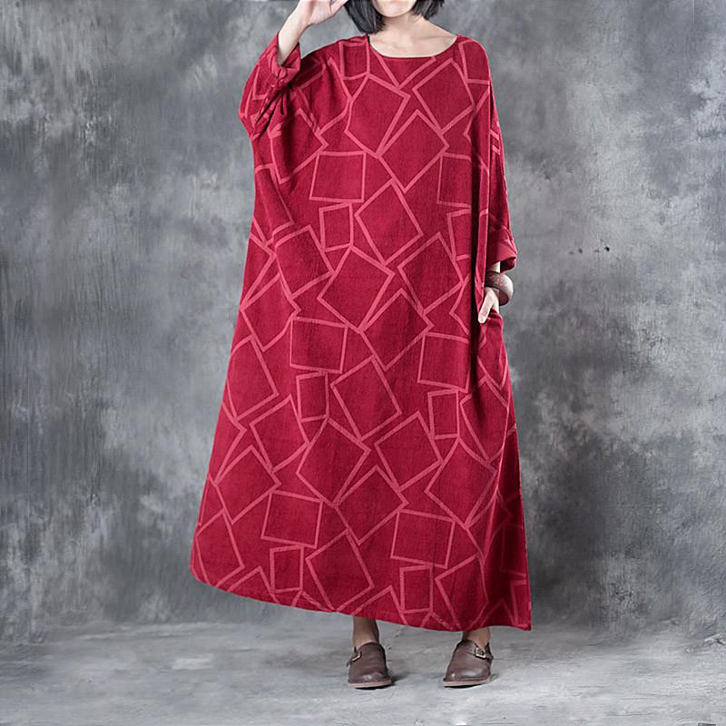 Linen Clothes for Fine Linen Three Quarter Sleeve Geometry Pattern Red Dress