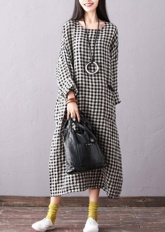 Linen Dresses Batwing Sleeve Round Neck Plaid Black Dress