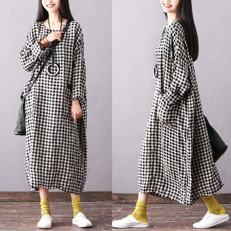 Linen Dresses Batwing Sleeve Round Neck Plaid Black Dress