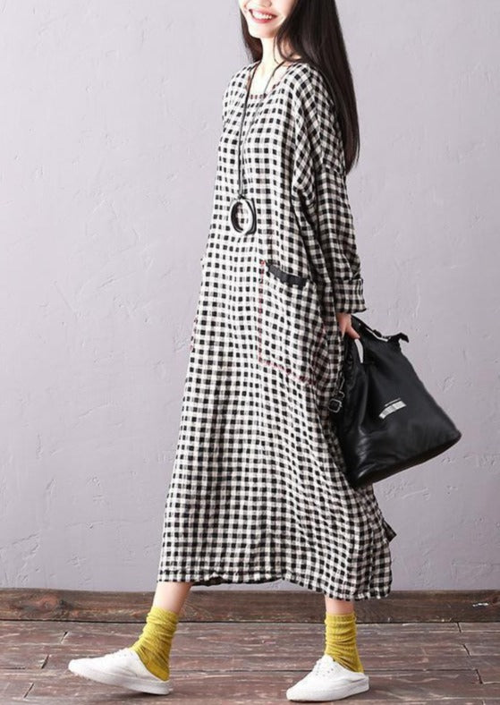 Linen Dresses Batwing Sleeve Round Neck Plaid Black Dress