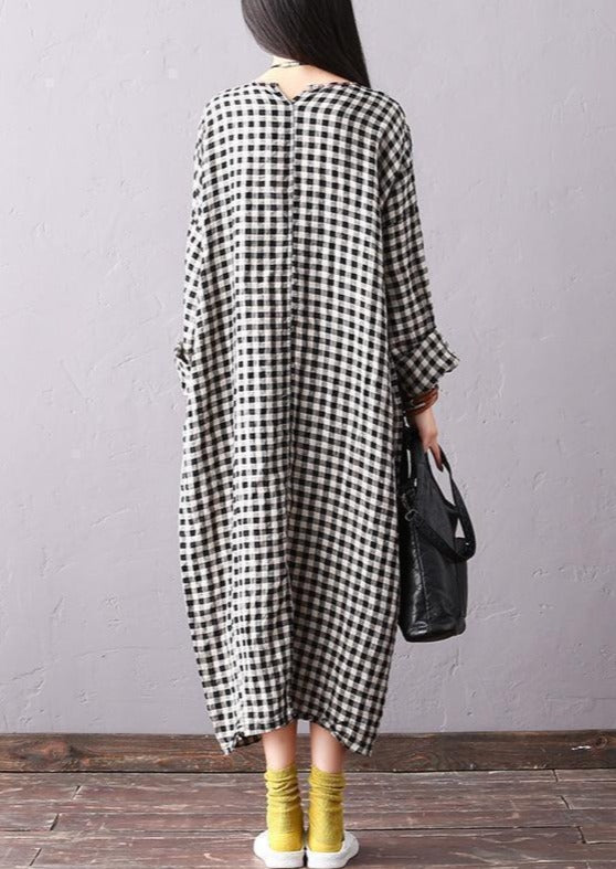 Linen Dresses Batwing Sleeve Round Neck Plaid Black Dress