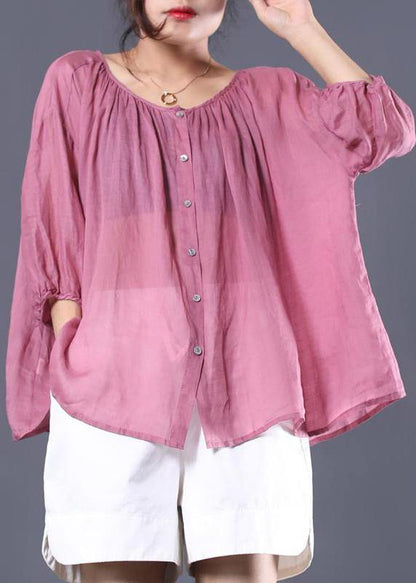 Linen Tunic Top Single Breasted Batwing Sleeve Blouse