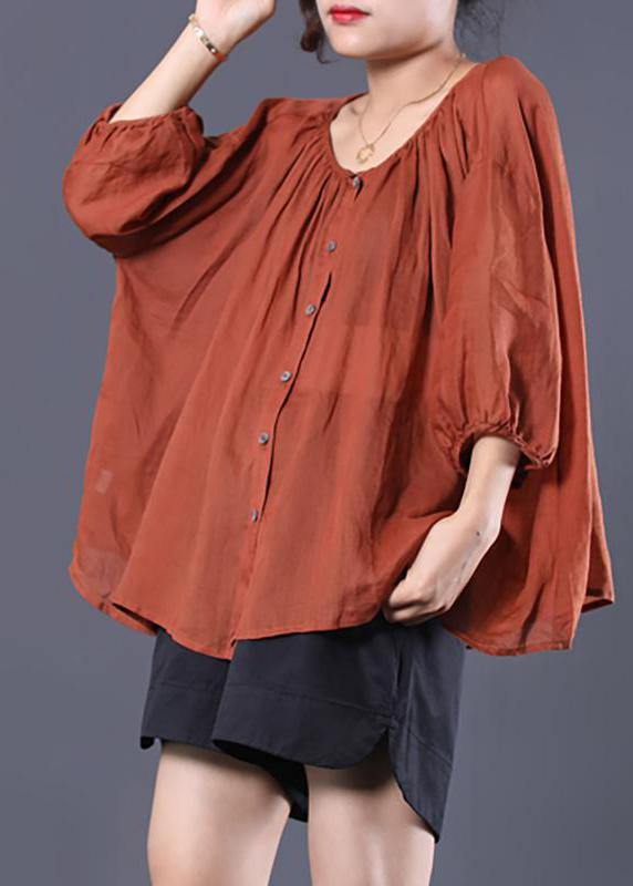 Linen Tunic Top Single Breasted Batwing Sleeve Blouse