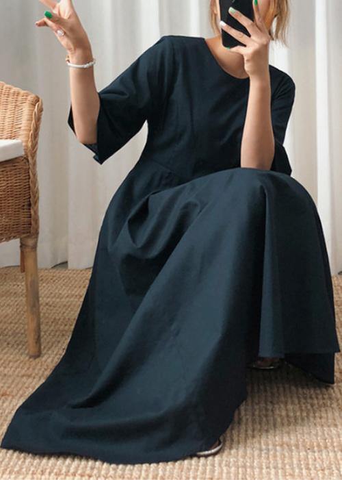 Navy Linen Cotton Quilting Clothes Flare Sleeve Bow Art Summer Dress