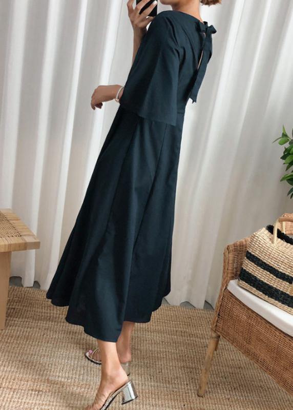 Navy Linen Cotton Quilting Clothes Flare Sleeve Bow Art Summer Dress