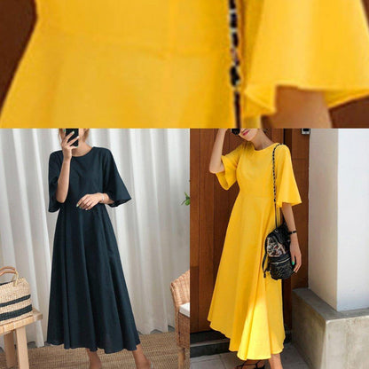 Navy Linen Cotton Quilting Clothes Flare Sleeve Bow Art Summer Dress