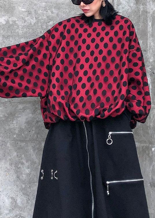 O Neck Batwing Sleeve Cotton Shirts Outfits Red Dotted Shirt