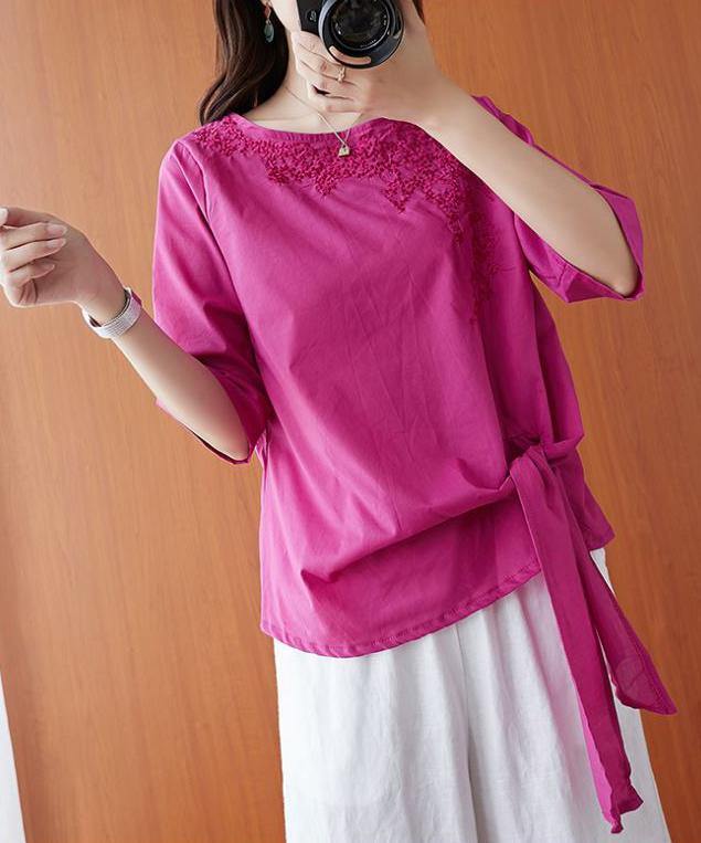 O Neck Bow Shirts Outfits Rose Embroidery Shirts