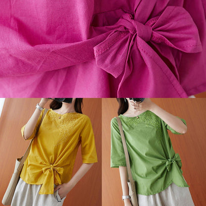 O Neck Bow Shirts Outfits Rose Embroidery Shirts