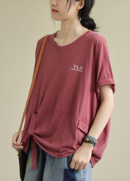 O Neck Letter Cotton Shirts Ideas Red Top