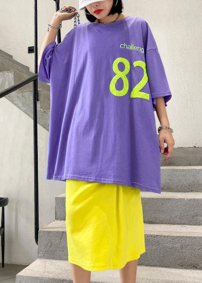 O Neck Baggy Cotton Crane Tops Pattern Letter Tops