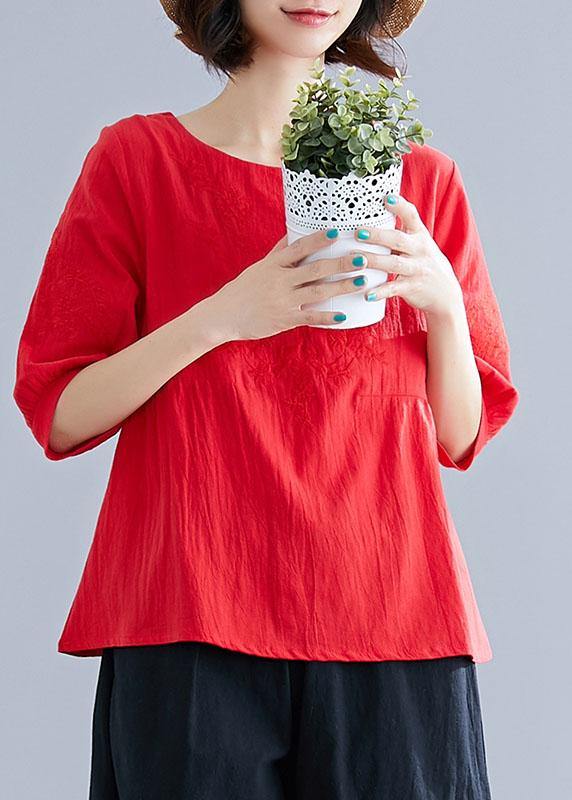O Neck Embroidery Cotton Shirts Ideas Red Tops Summer