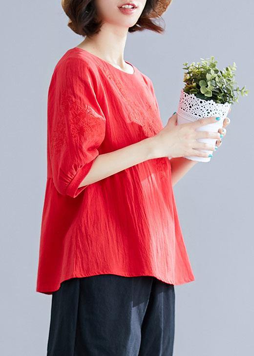 O Neck Embroidery Cotton Shirts Ideas Red Tops Summer