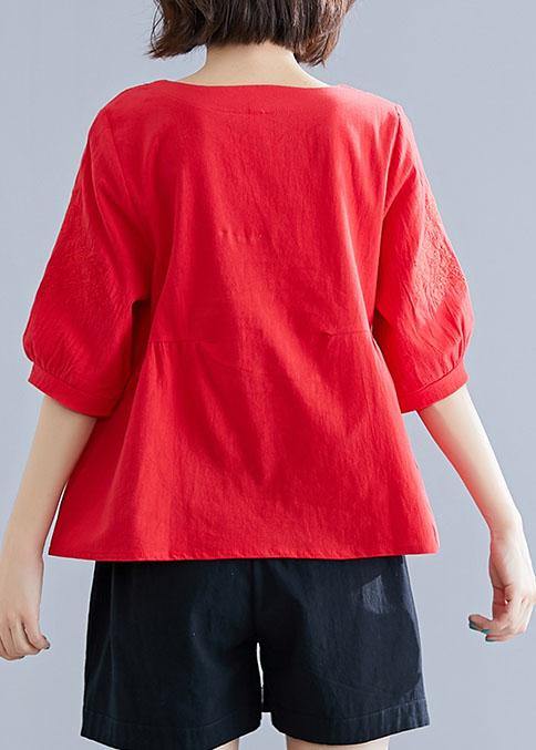 O Neck Embroidery Cotton Shirts Ideas Red Tops Summer