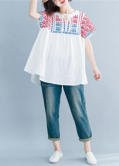 O Neck Embroidery Cotton Linen Tops Silhouette White Midi Tops Summer